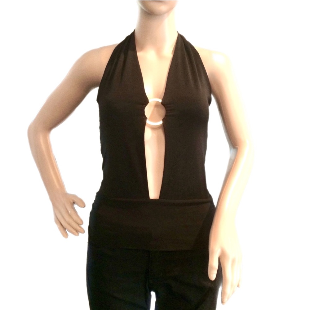 Marciano Vintage Sexy Ring Deep Plunge Black Halter Y2K Top Medium Made in USA